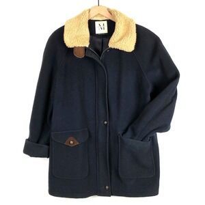 VTG Mackintosh Wool Blend Shearling Collar Coat Women's 10 Zip Button Navy USA